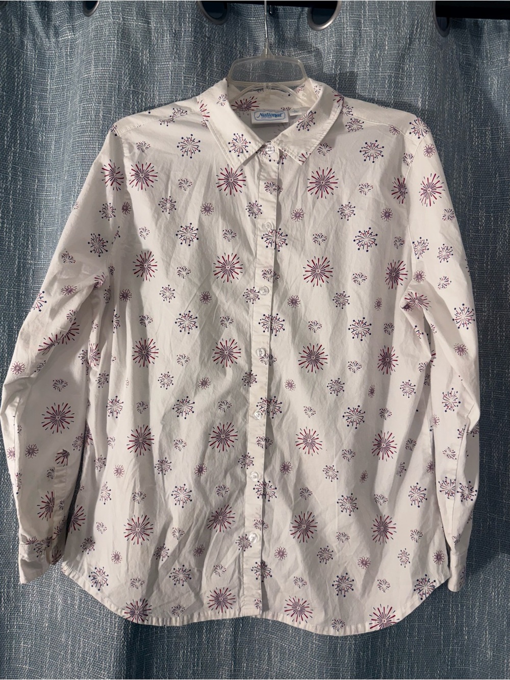 National Y2K Fireworks Button Down Shirt Patriotic Red White Blue Size L